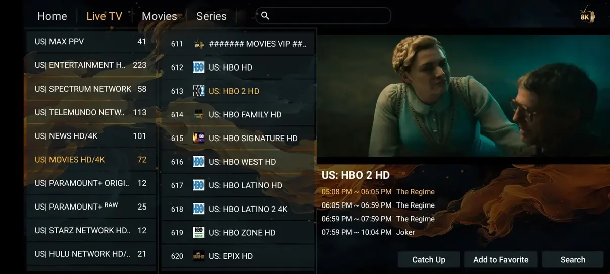 Orbixa TV 4K channel playback interface preview
