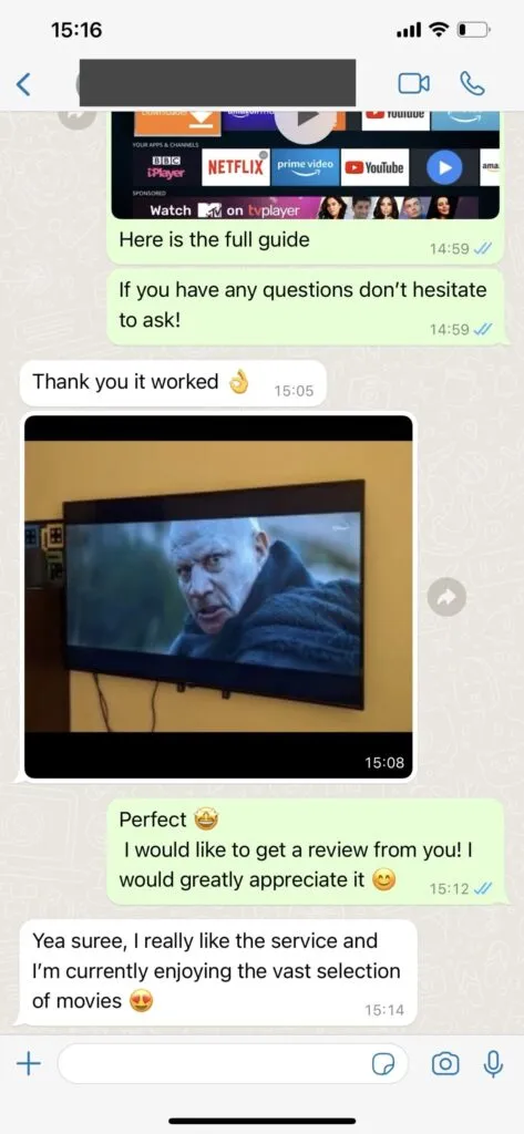 WhatsApp customer satisfaction screenshot with Orbixa TV support